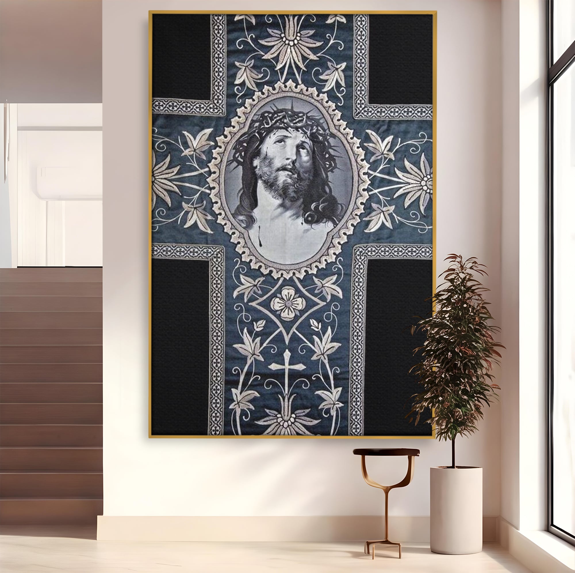 Tablou canvas cu tablou canvas cu chipul mantuitorului pe cruce, in rama de aluminiu auriu